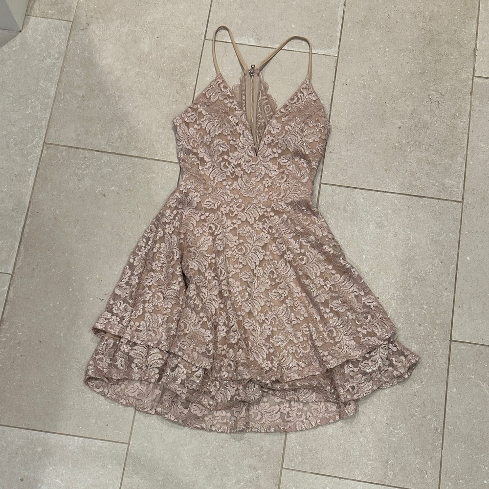 Emerald Sundae Lace Mini Dress in Tan